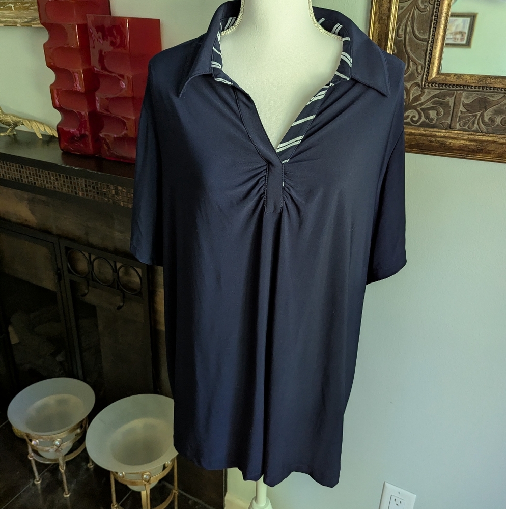Susan Graver Women's 3X Navy Blue Stripe Accent Collar Liquid Knit Polo Shirt 78